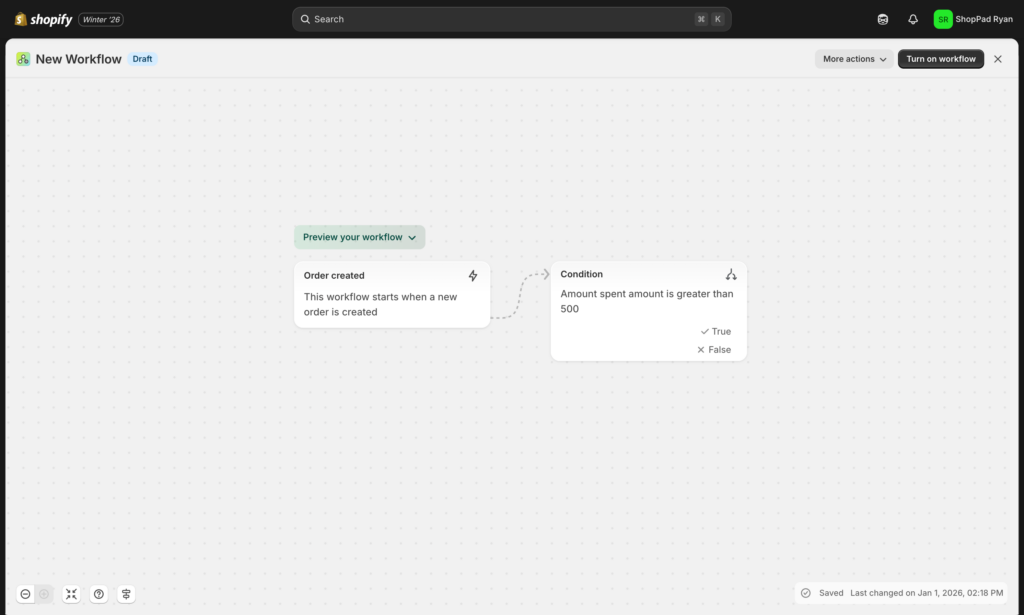 Flow builder showing trigger and conditions