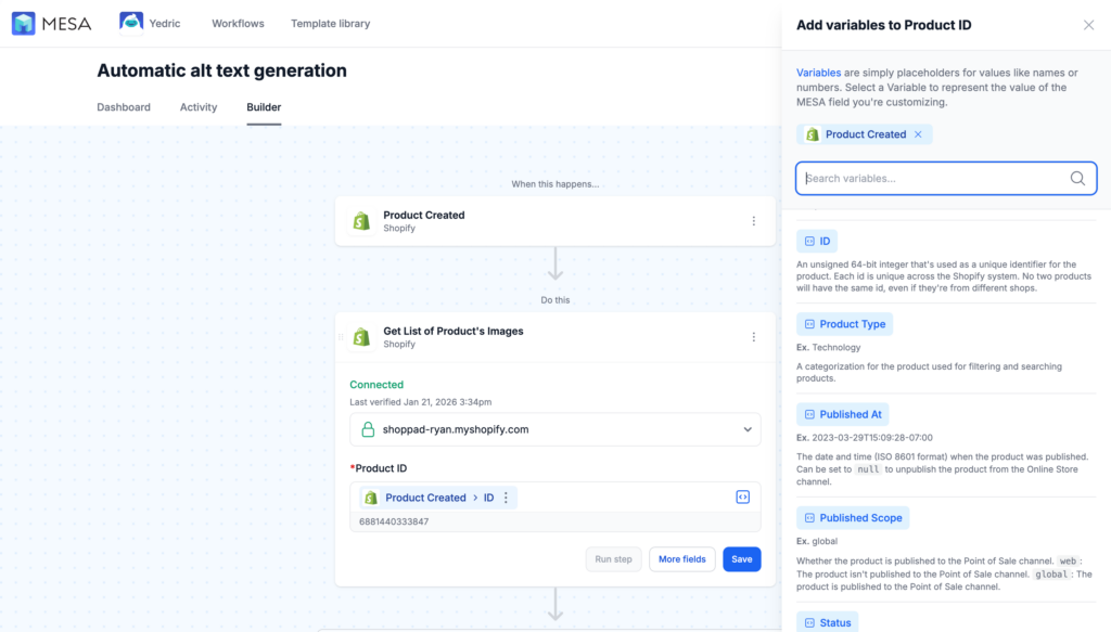 workflow action: shopify > get list of product images