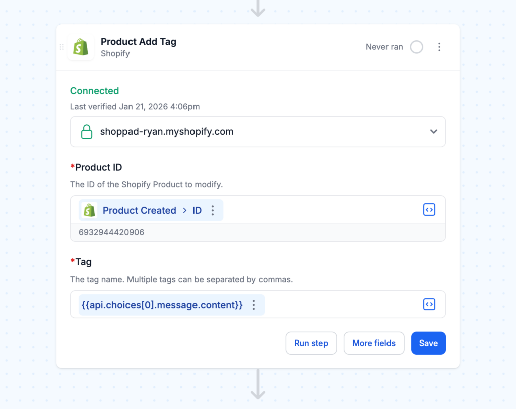 Shopify Product Add Tag step showing Product ID and Tag fields mapped