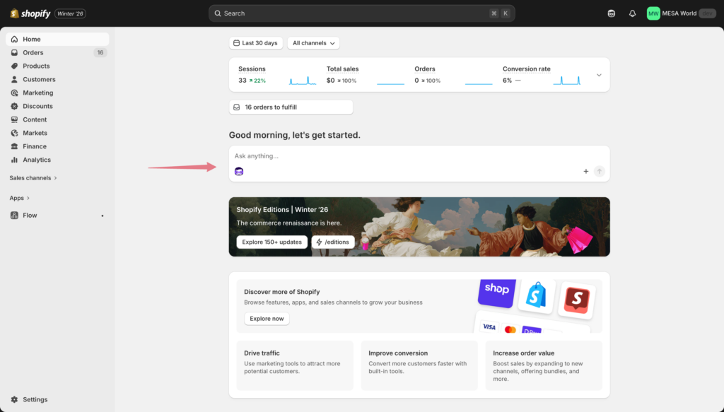 Screenshot of Shopify admin dashboard with Sidekick icon highlighted