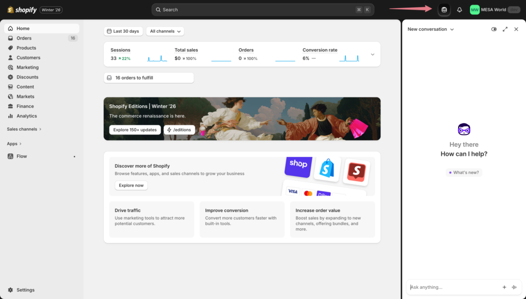 Screenshot of Shopify admin dashboard with Sidekick icon highlighted in top-right corner