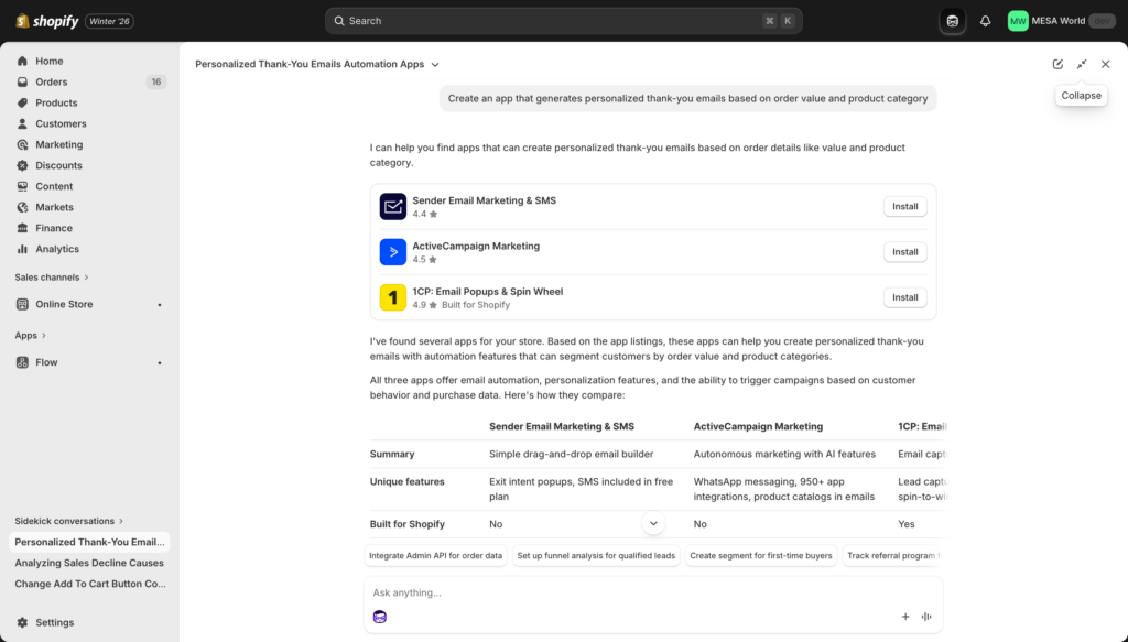 Sidekick showing app recommendations with "Built for Shopify" badges highlighted