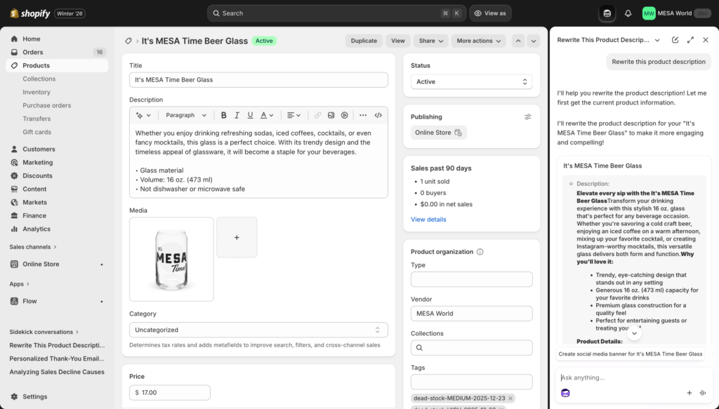 Context-aware help example showing Sidekick responding to a query about the currently viewed product