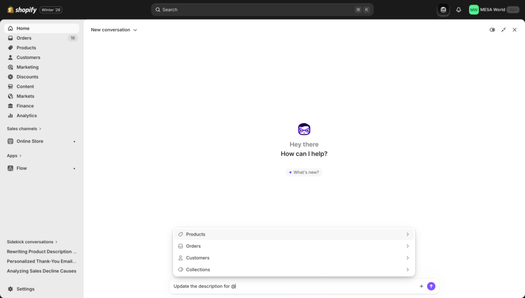 Mention menu showing search for products, orders, customers, collections