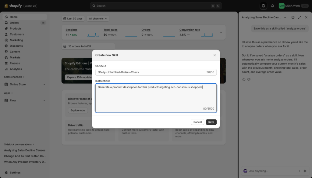 Skills library showing saved prompts with shortcuts