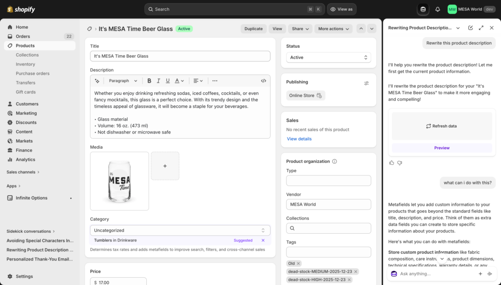 Shopify Sidekick chat interface inside admin
