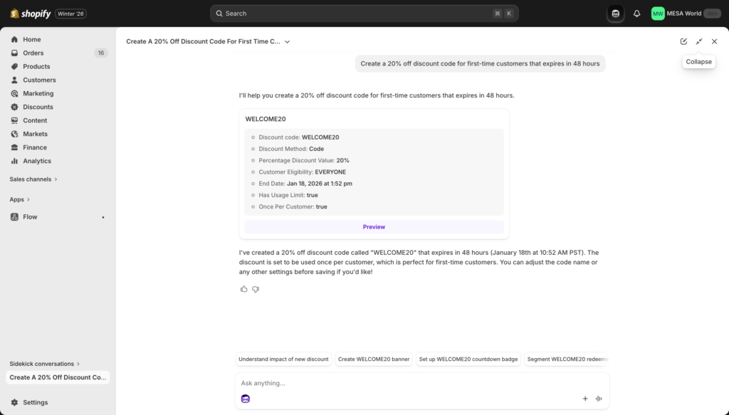 Sidekick showing purple preview card with discount settings
