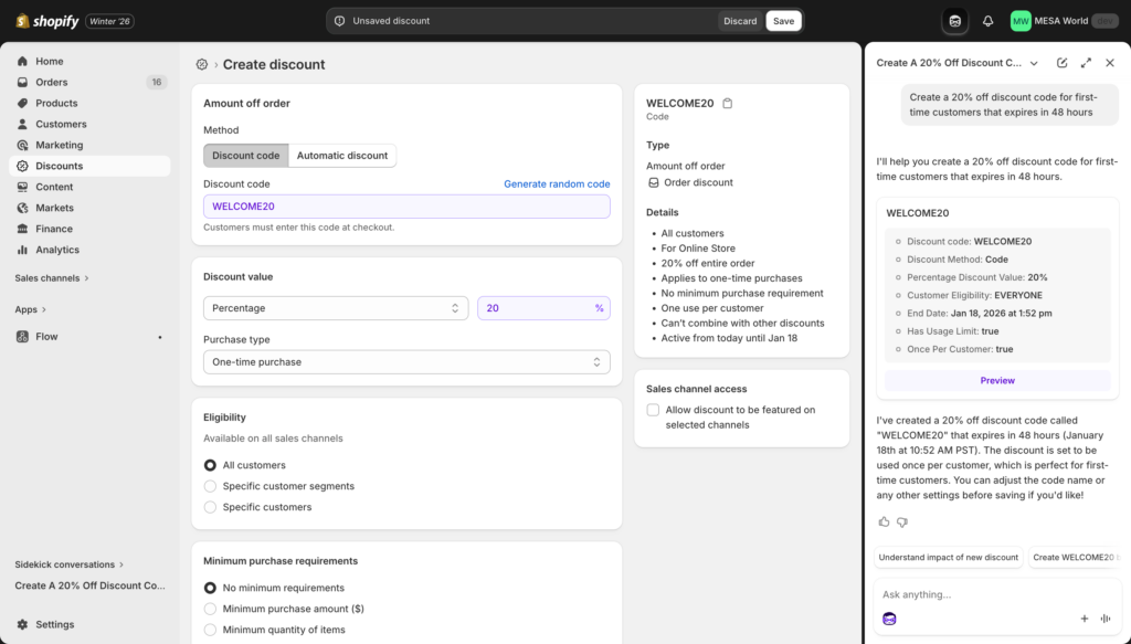 Discount preview card with editable fields highlighted