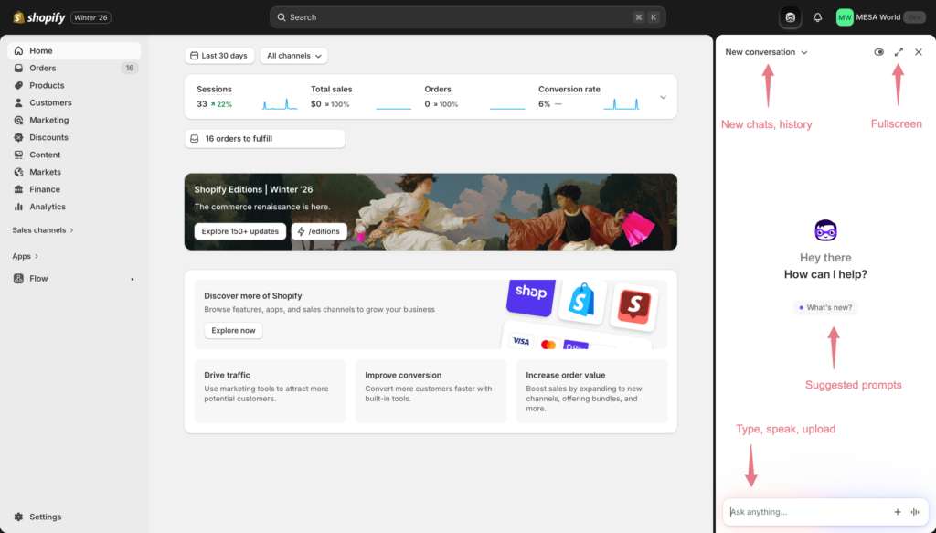 Labeled screenshot of Sidekick chat interface showing input box, suggested prompts, full-screen toggle, and new chat button