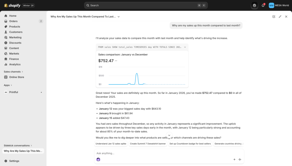 Sidekick showing analysis with data comparisons