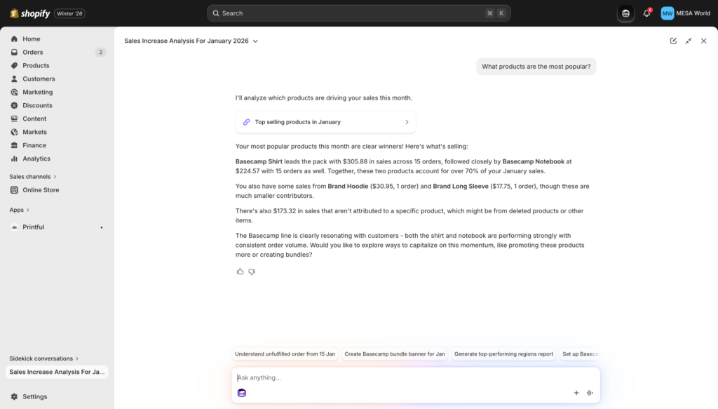 Sidekick's analysis with data visualizations or metrics