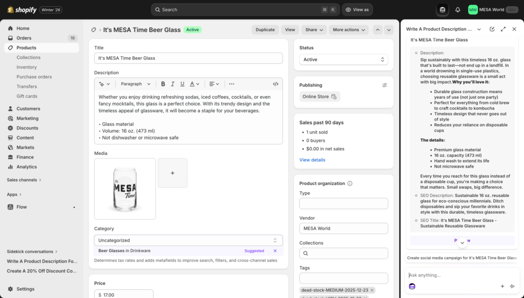 Generated product description in Sidekick response