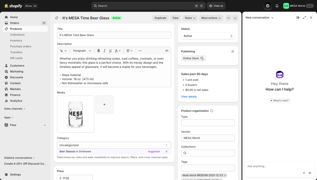 Sidekick chat window open on a product page
