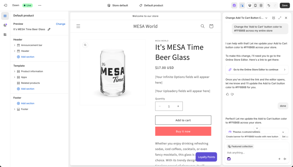 Sidekick showing theme preview of button color change