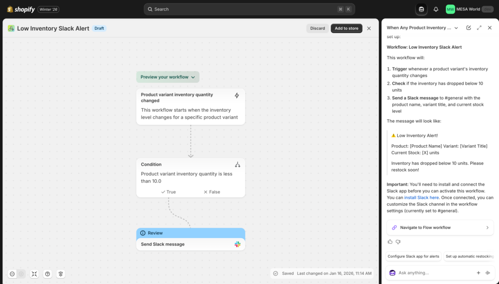 Generated Flow workflow showing trigger, conditions, and actions