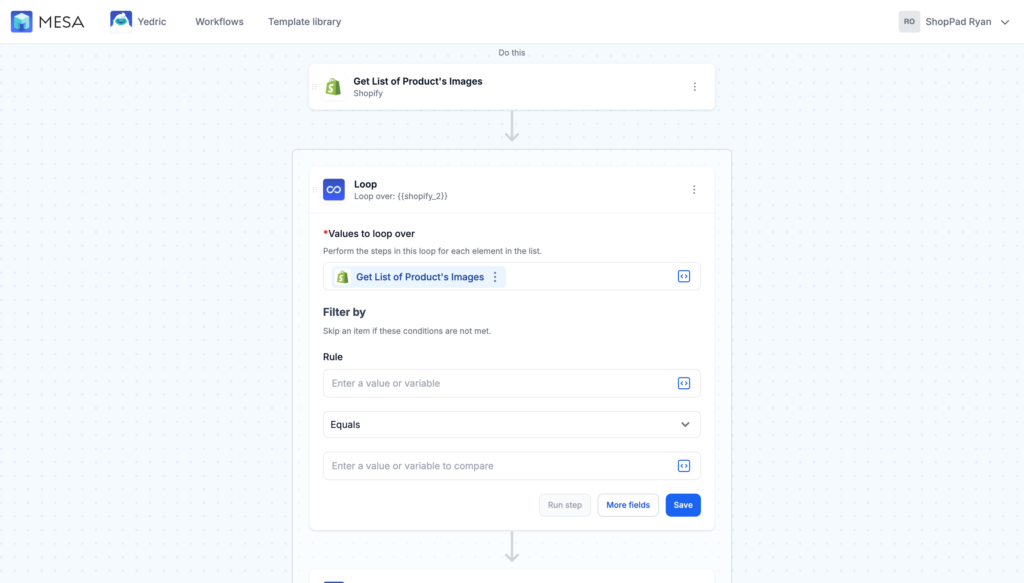 Loop configuration panel showing Loop through Shopify product images