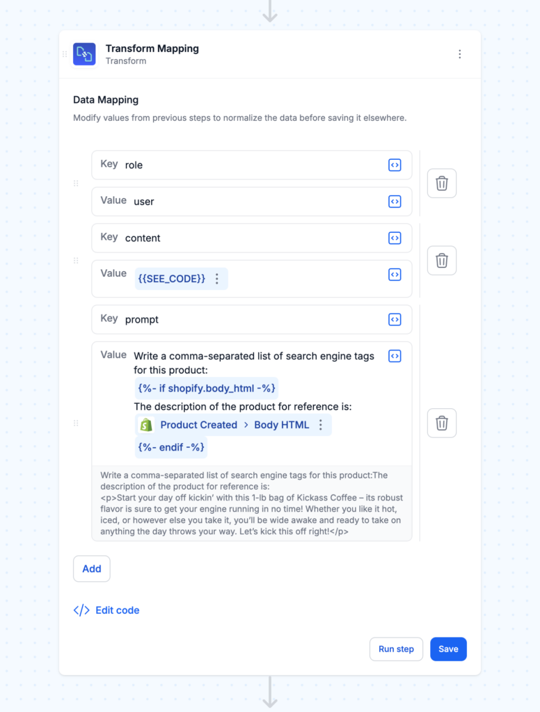 Transform step with custom code editor showing the script