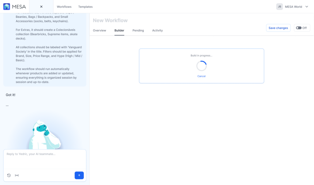 Yedric chat interface showing a plain-language workflow request being interpreted