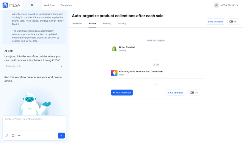 A completed MESA workflow with multiple steps visible in the workflow builder