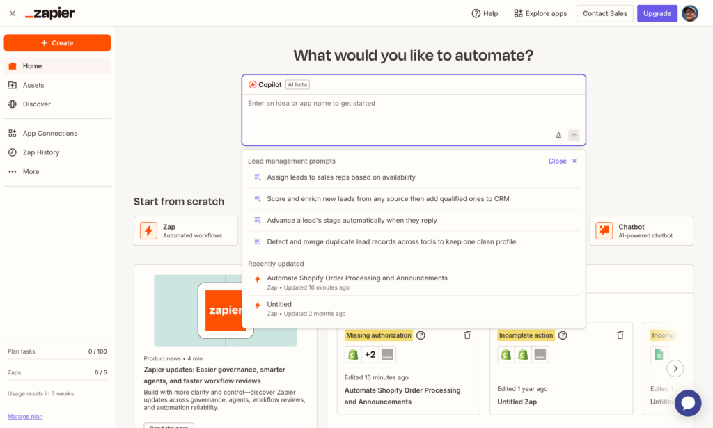 Zapier Unified Copilot creating cross-platform automation